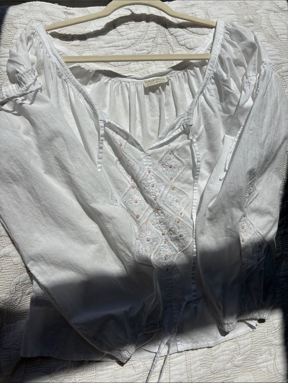 Yellow Lutos Women's White Embroidered Peasant Tunic - Lightweight Boho Top